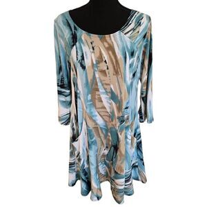 Pretty Woman Turquoise Blue Abstract Print Wrinkle Free Dress Large